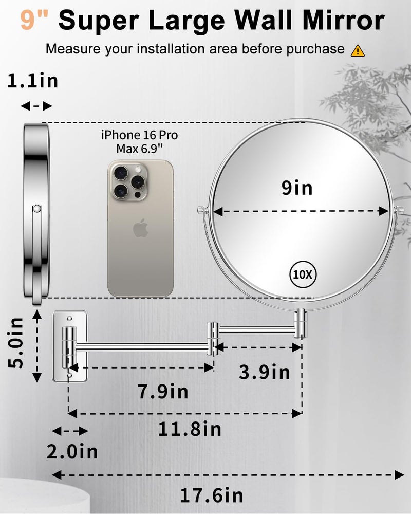 Gospire 9 Inch Extra Large Wall Mounted Mirror with 1X/10X Magnification, 360Â° Swivel & Extendable, Chrome Polished Finish for Bathroom Vanity, Shaving & Makeup (Men & Women) - Image 2